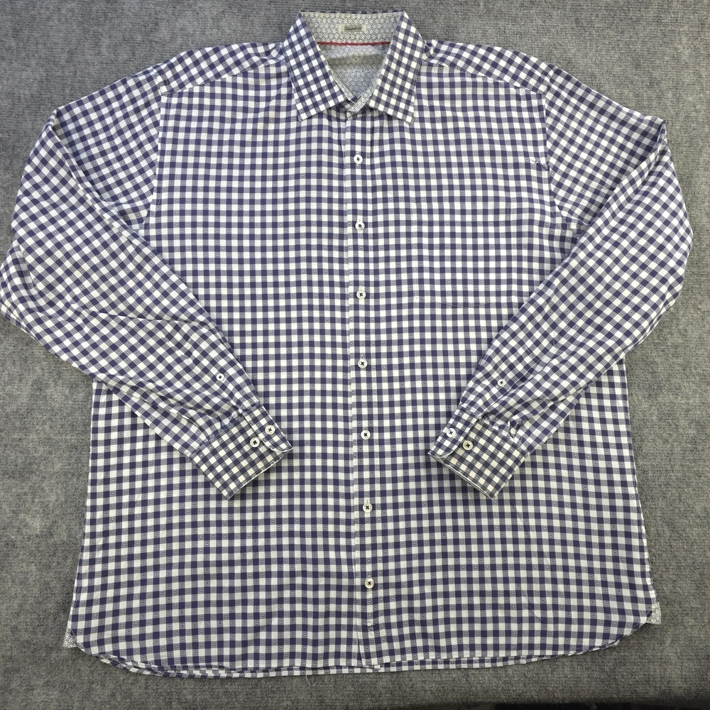 Bugatchi Shirt 2XL (XL) Shaped Fit Blue Geometric Check‎ Long Sleeve Button Up
